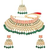 Efulgenz Indian Bridal Jewelry Sets for Women Indian Wedding Jewelry Traditional Crystal Kundan Faux Pearl Bridal Choker Necklace Earrings Maang Tikka Jewelry Set Bollywood Jewelry