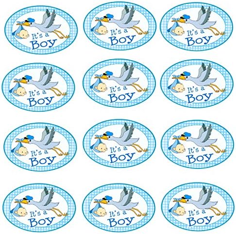 Pack of 12 Large Size Baby Favor Stickers, Stork Baby Shower Stickers (It's a Boy)