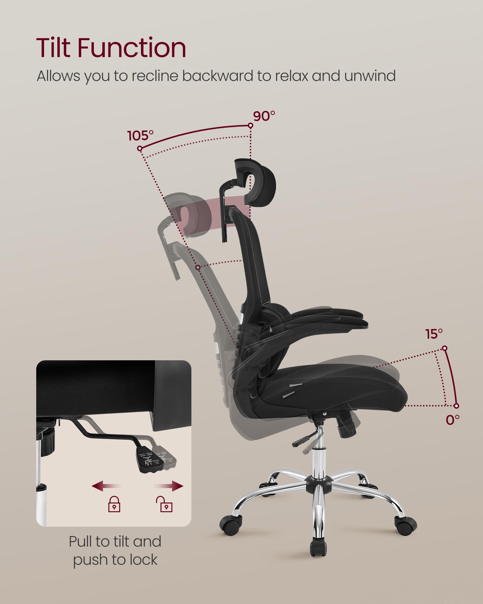 VASAGLE Office Chair, High Back Mesh Chair for Computer Desk, Adaptive Lumbar Support, Ergonomic, Foldable Armrests, Adjustable Headrest, Tilt Function, for Home Office, Ink Black UOBN040B21