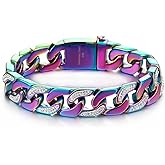 COOLSTEELANDBEYOND Men’s Stainless Steel Curb Chain Bracelet Rainbow Colorful High Polished with Cubic Zirconia