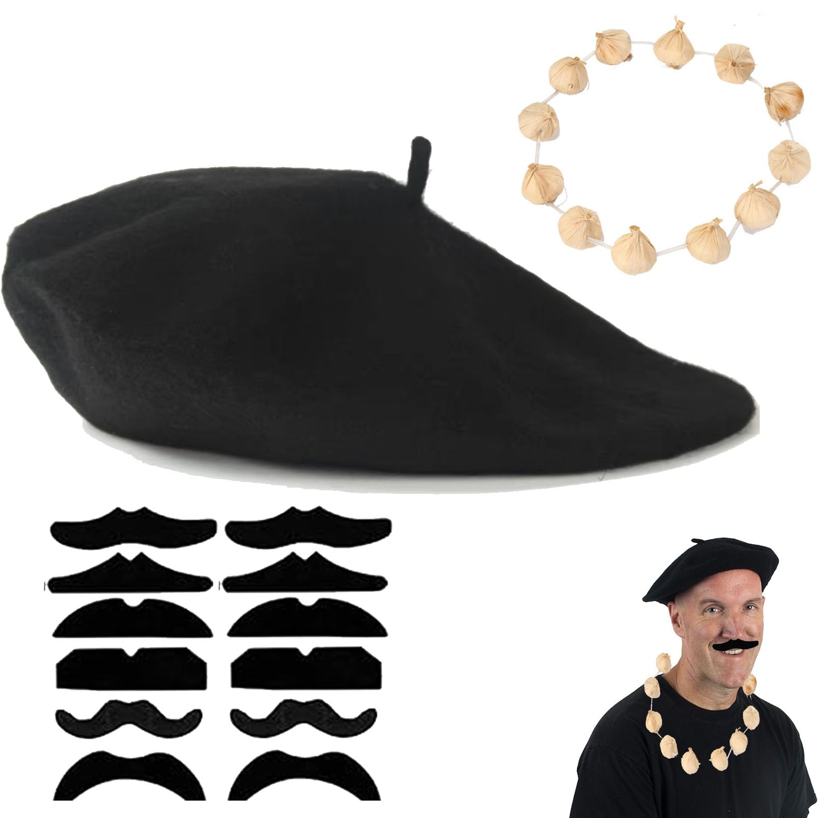 ARROMI French Fancy Dress Set, Beret, Garlic Garland, Moustache, Cosplay Party Supplies, Dress Up Accessories