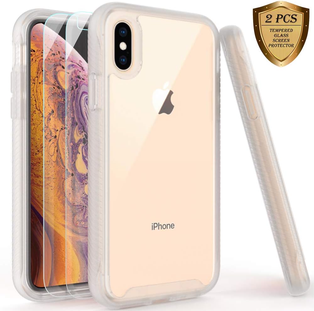 iPhone X Case, iPhone Xs Case with Tempered Glass Screen Protector [2 Pack], Rugged Shockproof Clear Multicolor Series Bumper Cover for Apple iPhone Xs/X-Matte Clear