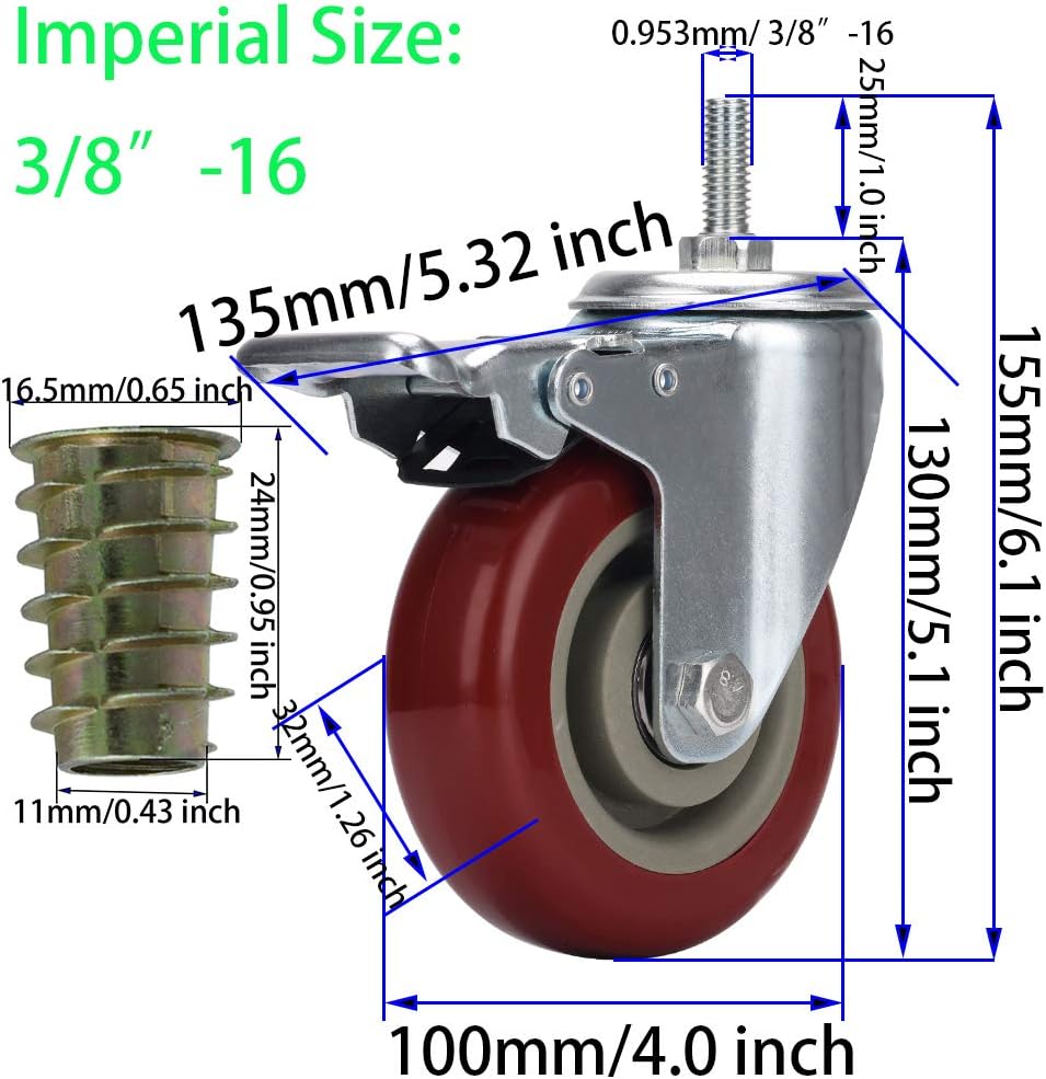 DICASAL 4 Inch Heavy Duty Stem Casters 360 Degree Swivel Durable Wheels Castors with Imperial Size 3/8"-16x1" Threads Dual Safety Locks and Bearings Easy to Install for Furniture and DIY Tools: Automotive