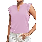 LYANER Women's Elegant Notch V Neck Lace Trim Cap Sleeve Blouse Shirt Sleeveless Top