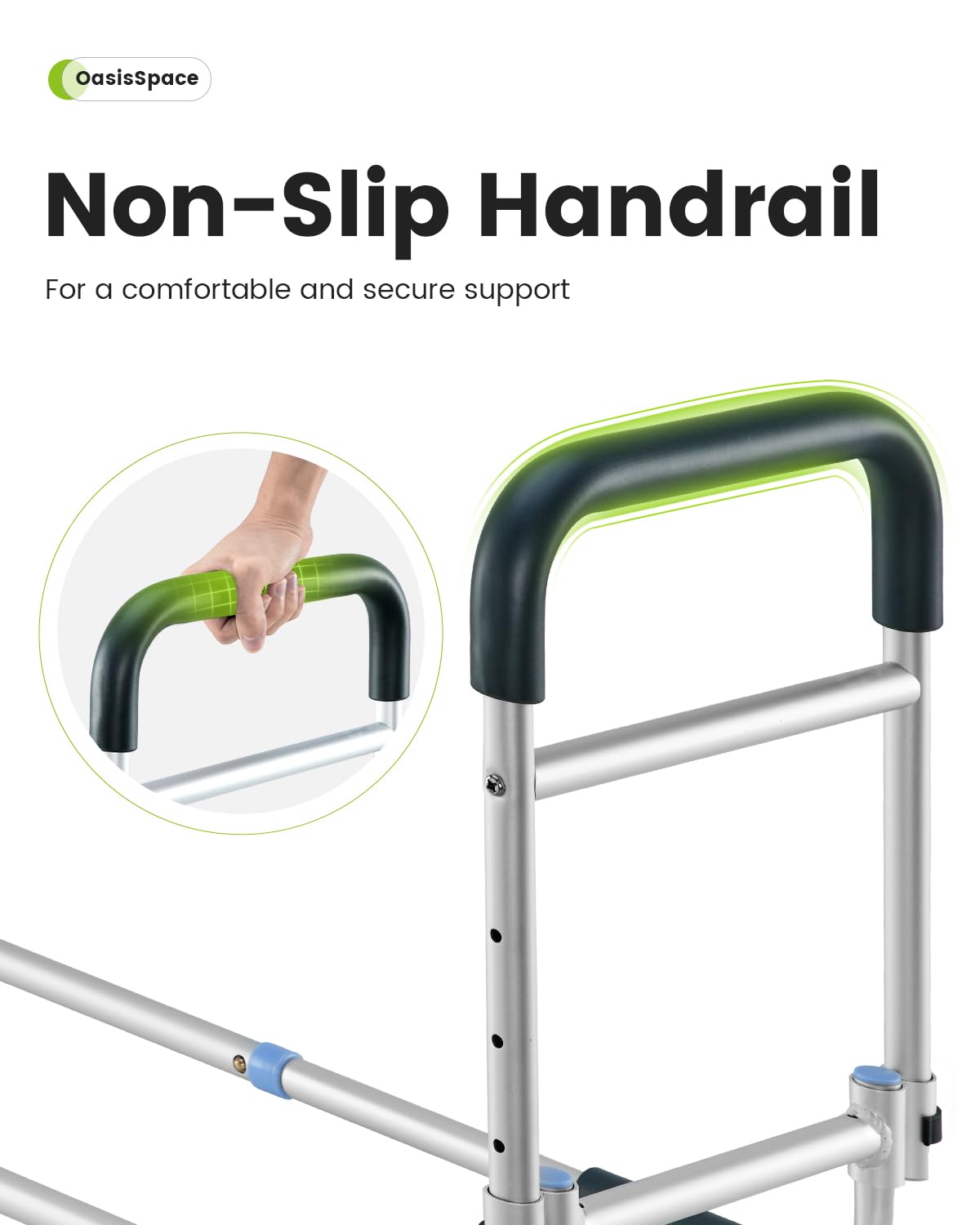 OasisSpace Bed Rail Bedside Fall Prevention Grab Bar Mobility Aid for Elderly Seniors, Handicap Adjustable Adult Bed Rail Cane fits King, Queen, Full, Twin Stability Standing Bar Handle