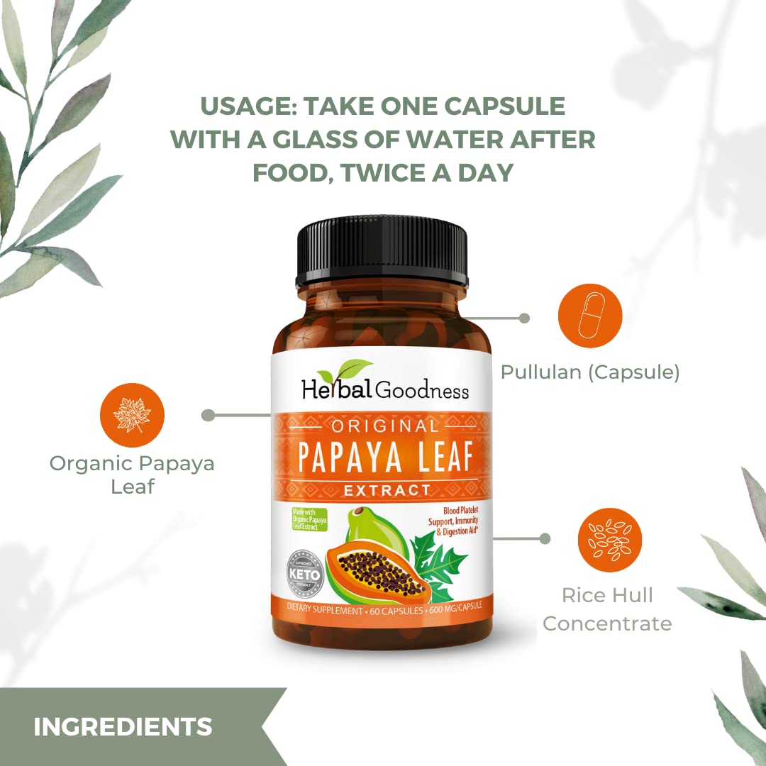 Papaya Leaf Extract Capsules 10X Strength - 60/600mg Veg Capsules- Blood Platelet, Bone Marrow & Spleen Support, Immune Gut & Super Digestive Health - Herbal Goodness (Pack of 6)