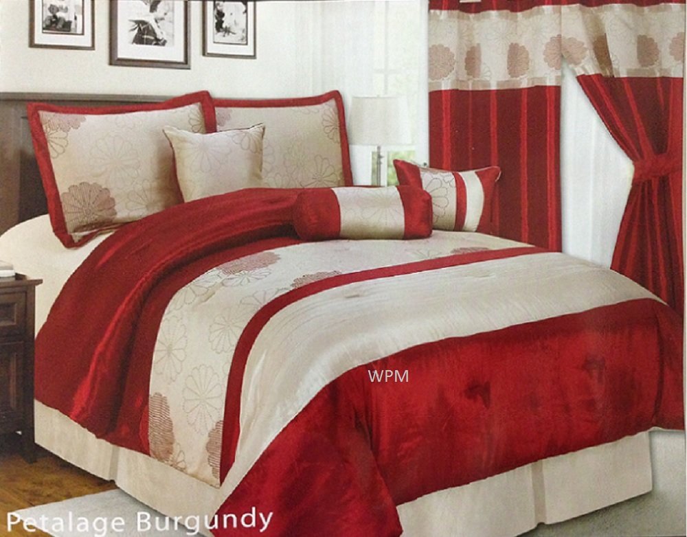 7 Pieces Luxury Comforter Set Queen Size Burgundy Red Gold Bedding Home & Kitchen