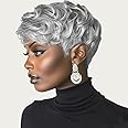 MUJGOO Pixie Short Wig - Grey + Black Mix, Curly Bangs for Black Women