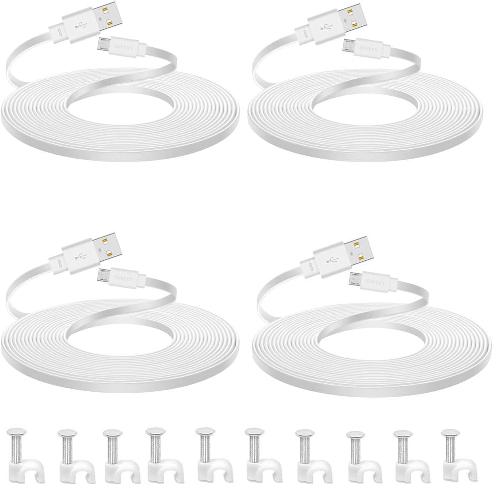 4-Pack 25ft Power Extension Cable Compatible for Wyze Cam Pan V2, Blink Mini, Furbo Dog and Yi Home Security Camera, Flat Cord with Wire Clips