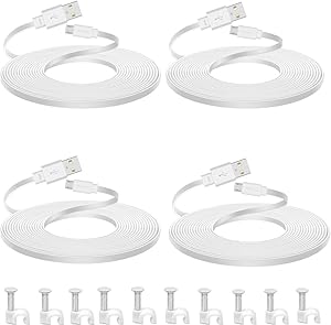 4-Pack 25ft Power Extension Cable Compatible for Wyze Cam Pan V2, Blink Mini, Furbo Dog and Yi Home Security Camera, Flat Cord with Wire Clips