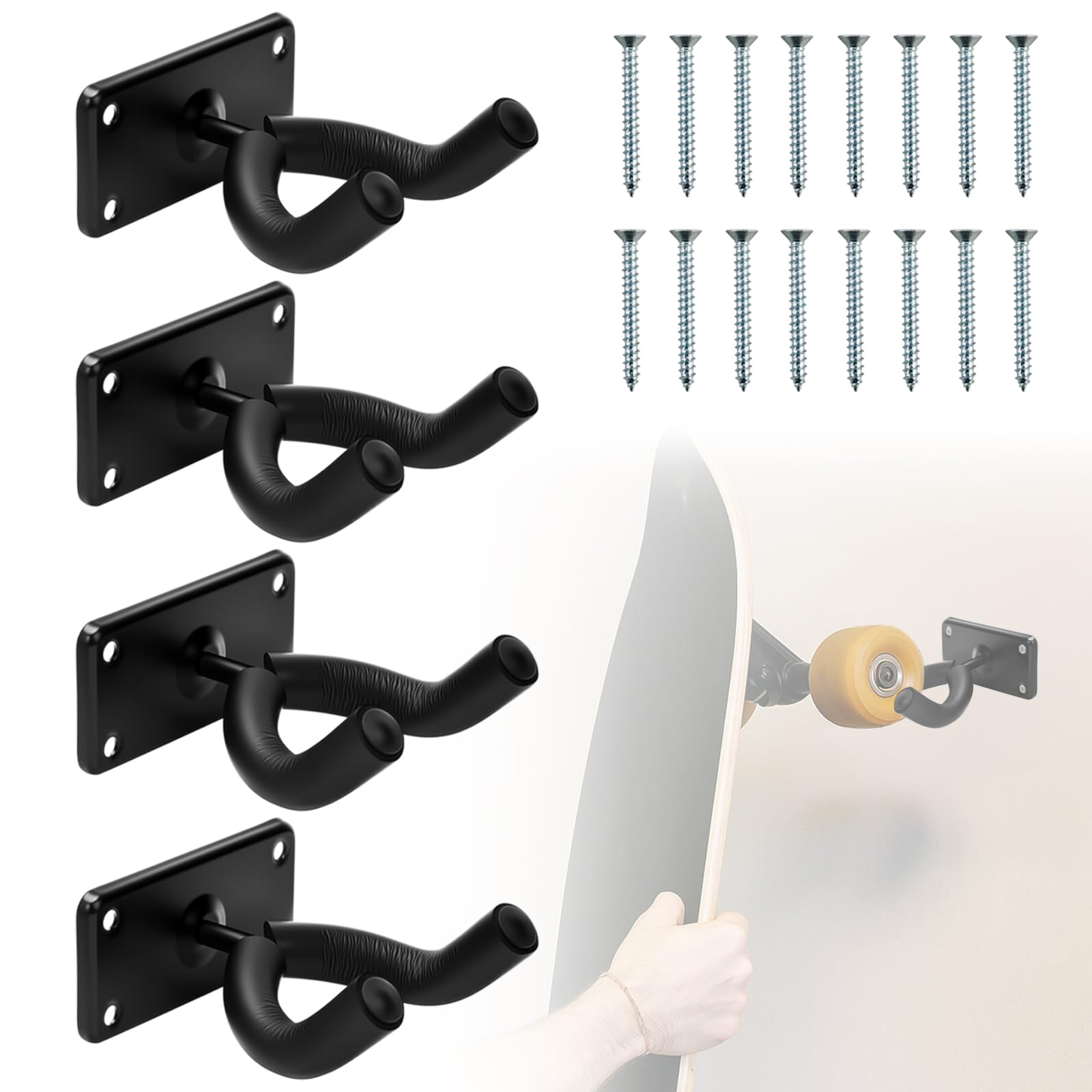 LODMOD 4 Pack Skateboard Wall Hanger - Snowboard Wall Mount Rack, Storage Display Holder for Guitar Longboard Surfboard, Complete with Screw, Maximum Load Capacity 30 lbs