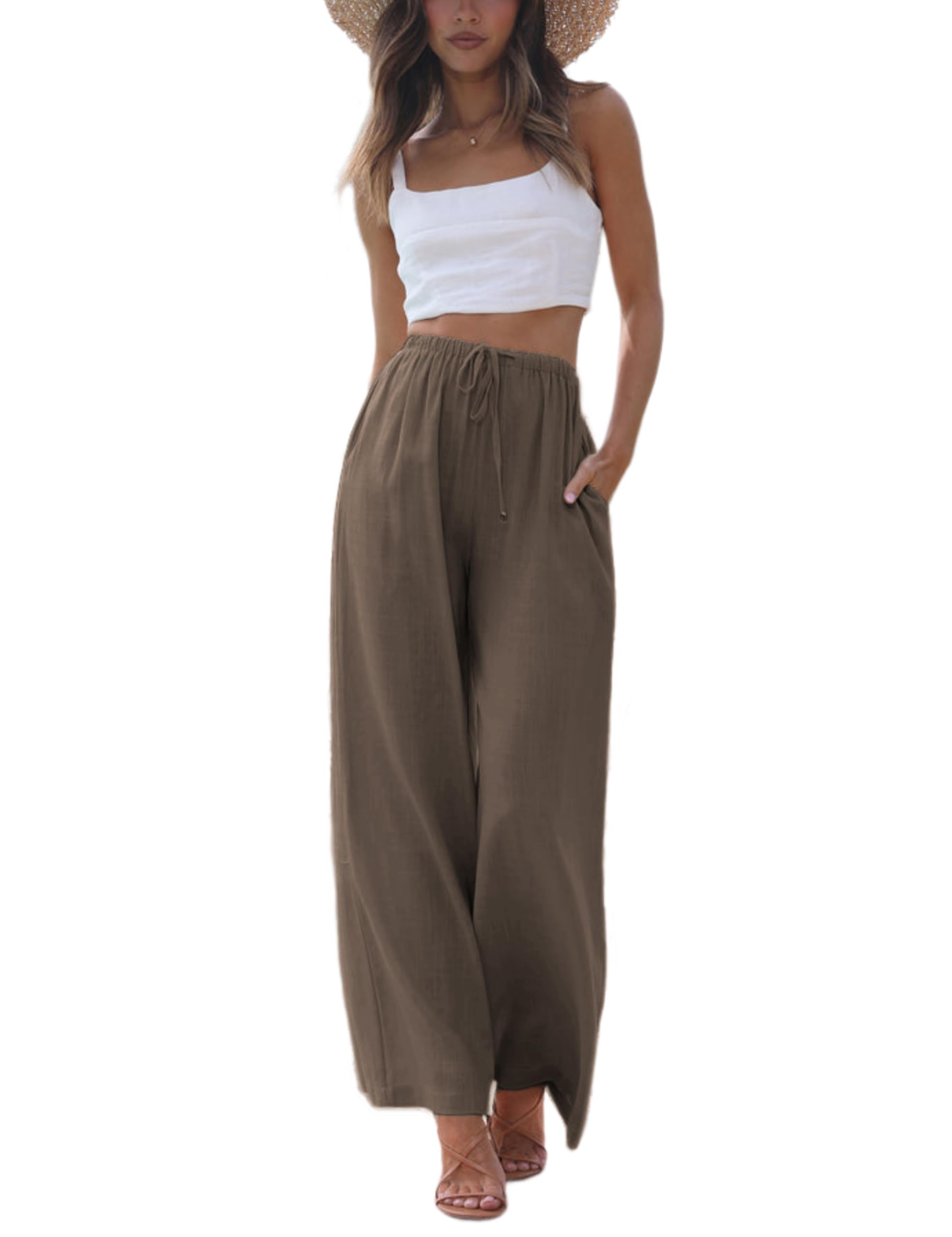 Photo 1 of Faleave Women's Cotton Linen Summer Palazzo Pants Flowy Wide Leg Beach Trousers with Pockets(DarkCoffee-M)