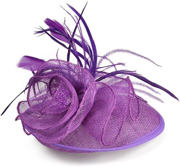 VKFashion Pretty Linen Purple Fascinator Hat Wedding Church Headpiece Feather Fascinators with Clip