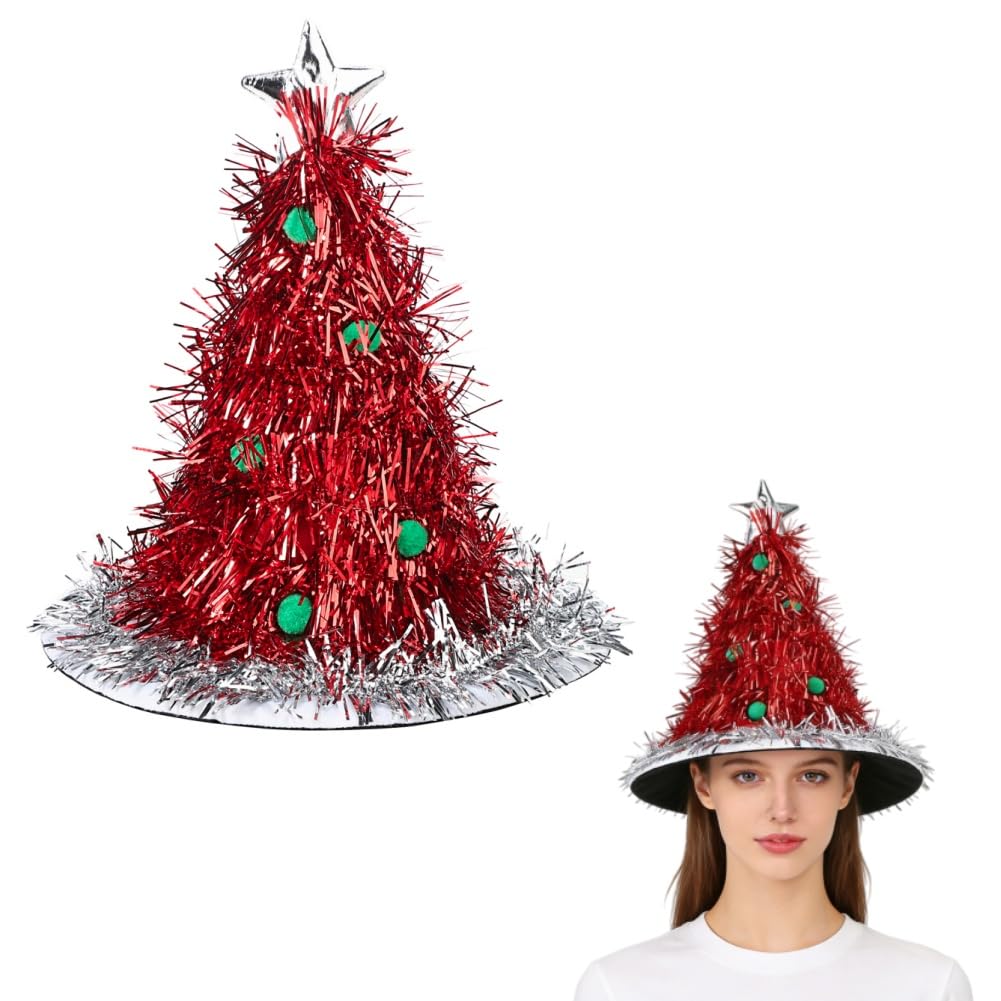SIQITECHUK Adult Sequin Christmas Tree Hat Funny Xams Trees Hats with Star Novelty Christmas Trees Costume Accessories for Xmas Festival Holiday New Year Party Gift (Red)