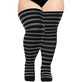 Moon Wood Plus Size Thigh High Socks for Women Knit Cotton Extra Long Striped Over the Knee High Socks Leg Warmers