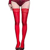 Aucute Women Thigh High Stockings Silicone Lace Top Stay Up Silky Semi Ultra Sheer Nylon Tights Pantyhose