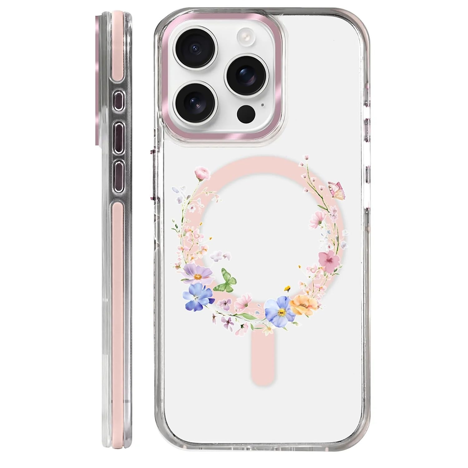 casesok for iPhone 15 Pro Case Compatible with Magsafe,Clear Aesthetic Design Cute for Girls Women,Anti-Drop Protective Hard Phone Case for iPhone 15 Pro-Pastel Flowers Butterfly Ring