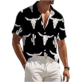 WDIRARA Men's Cow Print Button Front Summer Casual Shirts Colorblock Short Sleeve Collared Neck Shirts