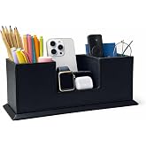 UnionBasic Desk Organizer, Desktop Caddy Leather Multi-compartment Pen Holder Office Stationer Organizer, Black