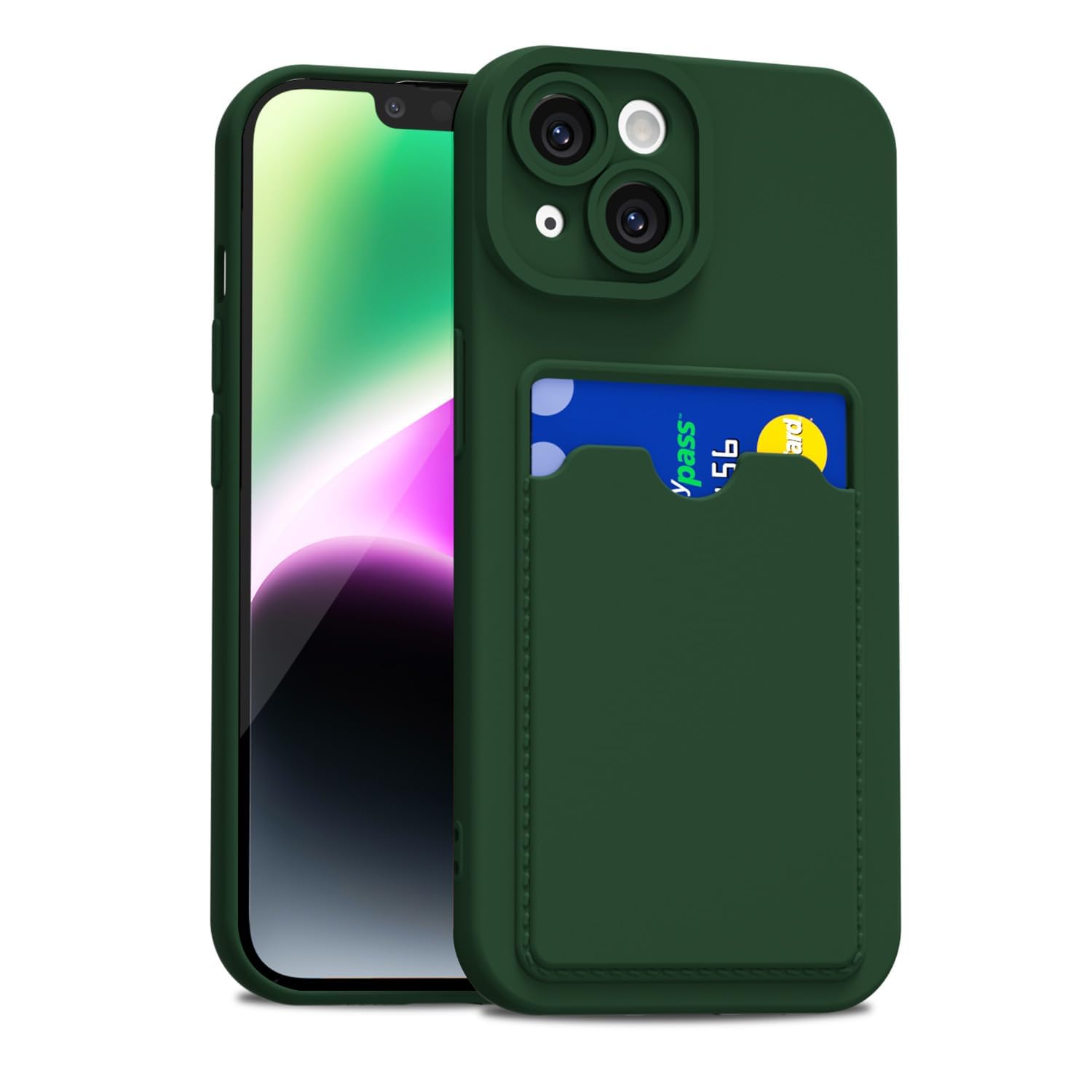 LoeoeL for iPhone 14 Case with Card Holder Slim, Thin Silicone Wallet Phone Case with Credit Card Slot for Women Men, Soft Rubber Gel TPU with Pocket Shockproof Camera Cover, Dark Green