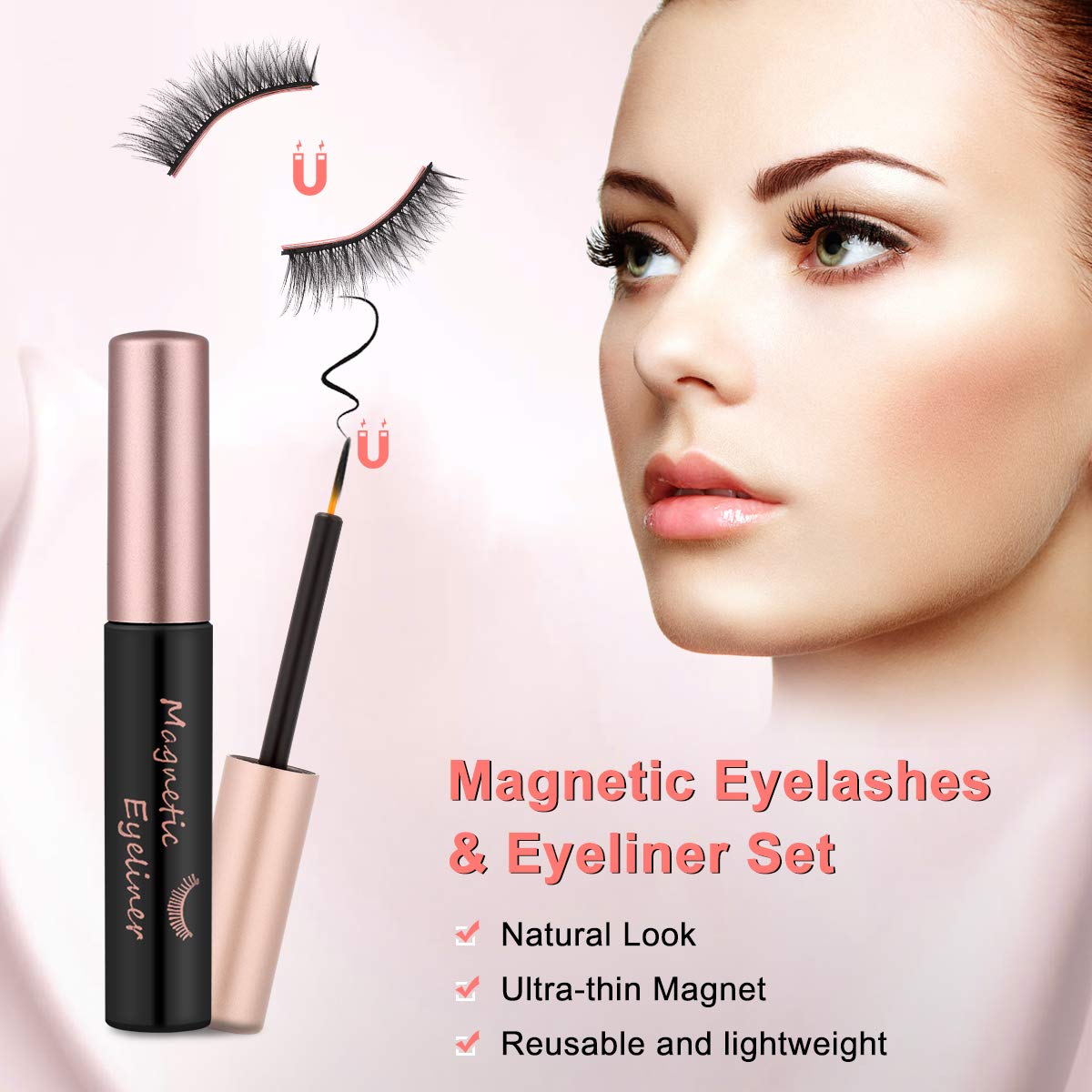 Magnetische Wimpern Eyeliner Kit, 6 Paar Natürlich Wasserdicht Falsche Magnetische Wimpern, 3D Wiederverwendbar Magnetischer Eyeliner 10Ml, Leder-Geschenkbox (Roségold)