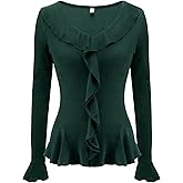 Meetjen Women's Long Sleeve Tops Slim Fit Wrap V Neck Ruffle 2026 Spring Trendy Casual Going Out Shirt Tee Blouses