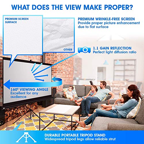 Projector Screen with Stand 100in, Indoor and Outdoor Projection Screen for Movie/Office Presentation, 16:9 HD Premium Wrinkle, Tripod Screen for Projector with Carry Bag and Tight Straps (Renewed)