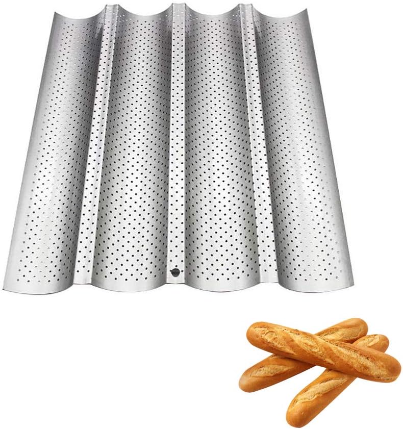 Baguette Tray, French Bread Baking Wave Mold Baking Pan Tray Non-Stick Cake Baguette Baking, Baguette Pan with Non-Stick Design, Heat Resistant, Perforated Baguette Mold for Baking Wave Baker