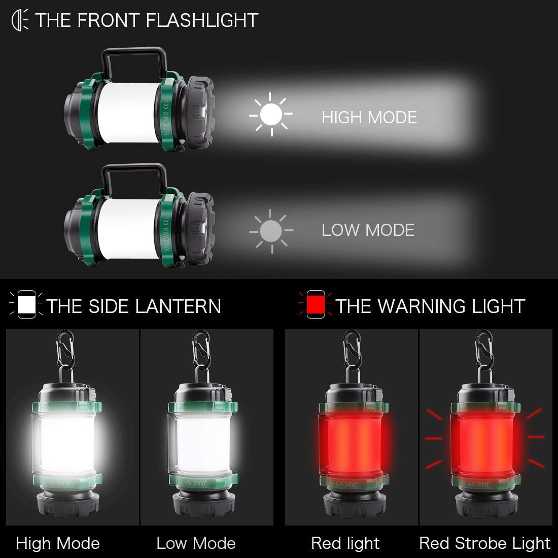 JAMIEWIN 3 in 1 Led Camping Lantern Rechargeable, Lantern Flashlight with 6 Modes, 4000mAh Power Bank Waterproof Camping Lights Torch for Hiking Exploration Hurricane Emergency Outdoor Indoor - - 