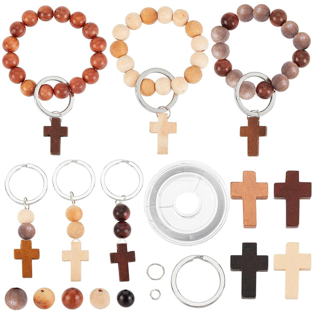 SUNNYCLUE 250Pcs Easter Wood Cross Charms Wooden Round Beads Unfinished Wood Bead 10mm Beading Keychain Making Kit Mini Cross Charm Split Key Ring Jump Rings for Keychains Bracelets Elastic Thread DIY