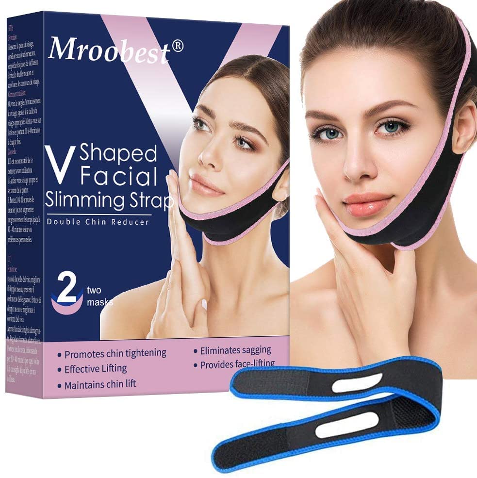 Double Chin Reducer, Chin Strap, Face Slimming Strap, Anti- Wrinkle Face Mask, V Shaped Mask Chin UP Face Lifting Belt for women men, Lifting Bandage for Shaggy Skin - 2Pcs(Pink+Blue)