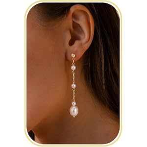 PRTGL Pearl Drop Earrings for Women, 14K Gold/White Gold Plated | Dangle Earrings, Elegant Bridal Wedding Jewelry for Brides