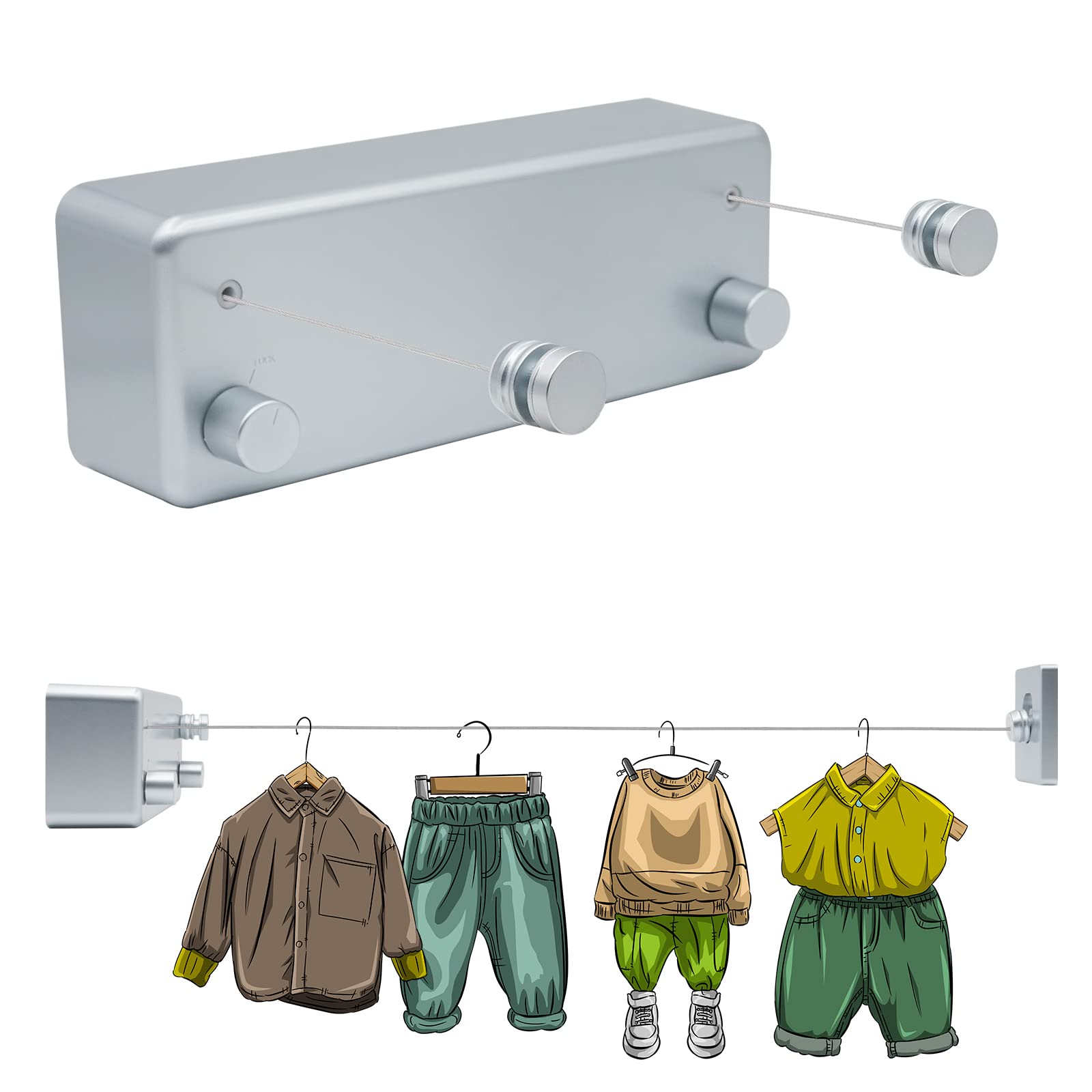 MUYIRTED Retractable Washing Line 2x4.2m Steel Core Clothes Lines for Outside, Laundry Clothesline Wall Mounted Heavy Duty, Pull out Reel, Outdoor and Indoor, Silver