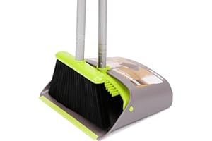 TreeLen Broom and Dustpan Set, TreeLen Broom with Dust Pan with Long Handle Combo Set for Office and Home Standing Upright Sweep Use with Lobby