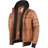 Mens Genuine Black Hooded Bomber Leather Jacket Real Lambskin Waxed Beige Leather Jackets for Men with Removable Hood