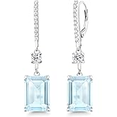 Gem Stone King 19.66 Cttw Sky Blue Topaz and White Topaz Dangle Earrings For Women | 925 Sterling Silver | Gemstone Birthstone | Emerald Cut 14X10MM | Fine Jewelry Gifts for Her Mom Women Wife