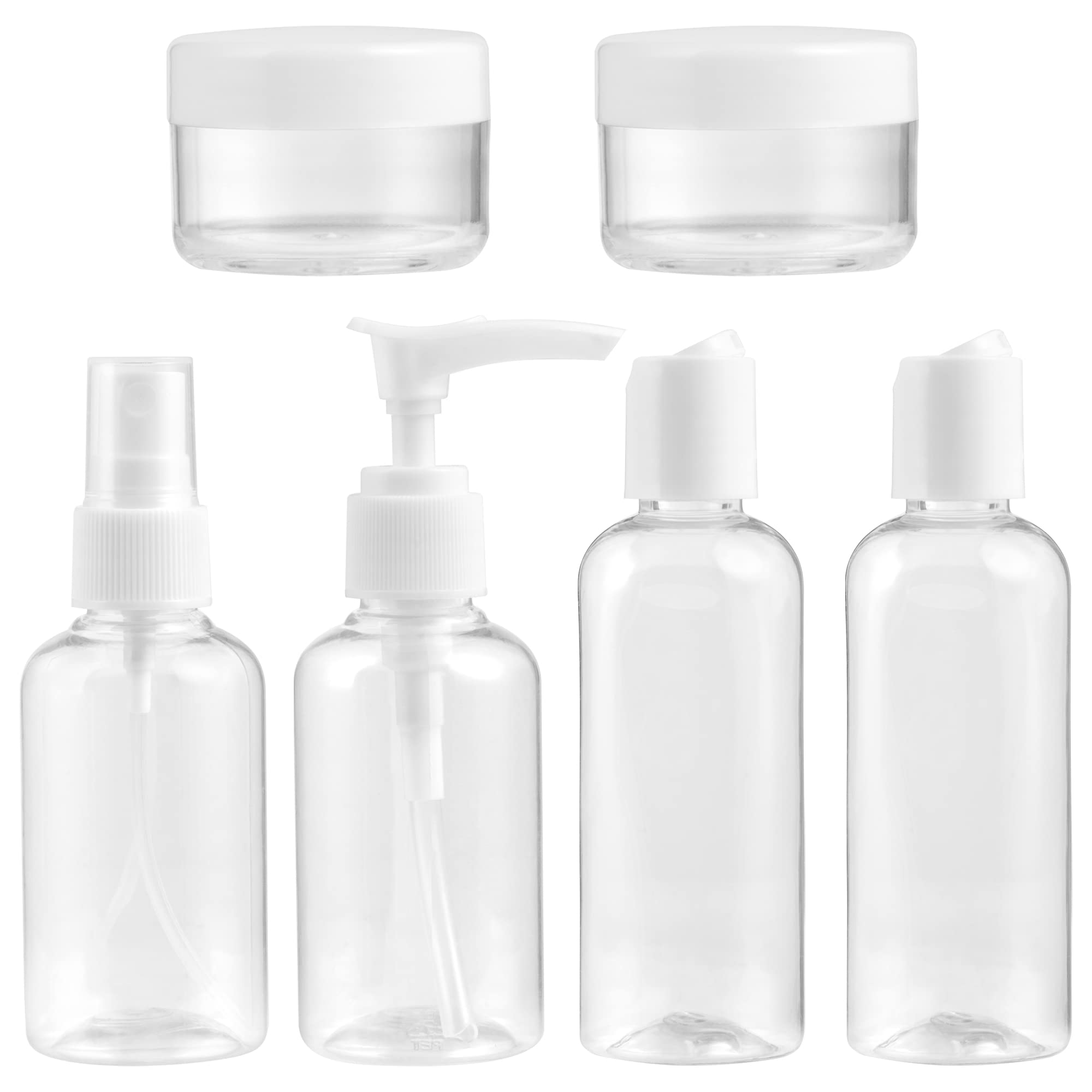 Jazooli Travel Essentials - 7pc Clear Bag & Plastic Travel Bottles for Toiletries; Refillable 100ml Travel Bottles, 75ml Spray & Pump Bottles, 20ml Jars; Holiday Toiletries Set
