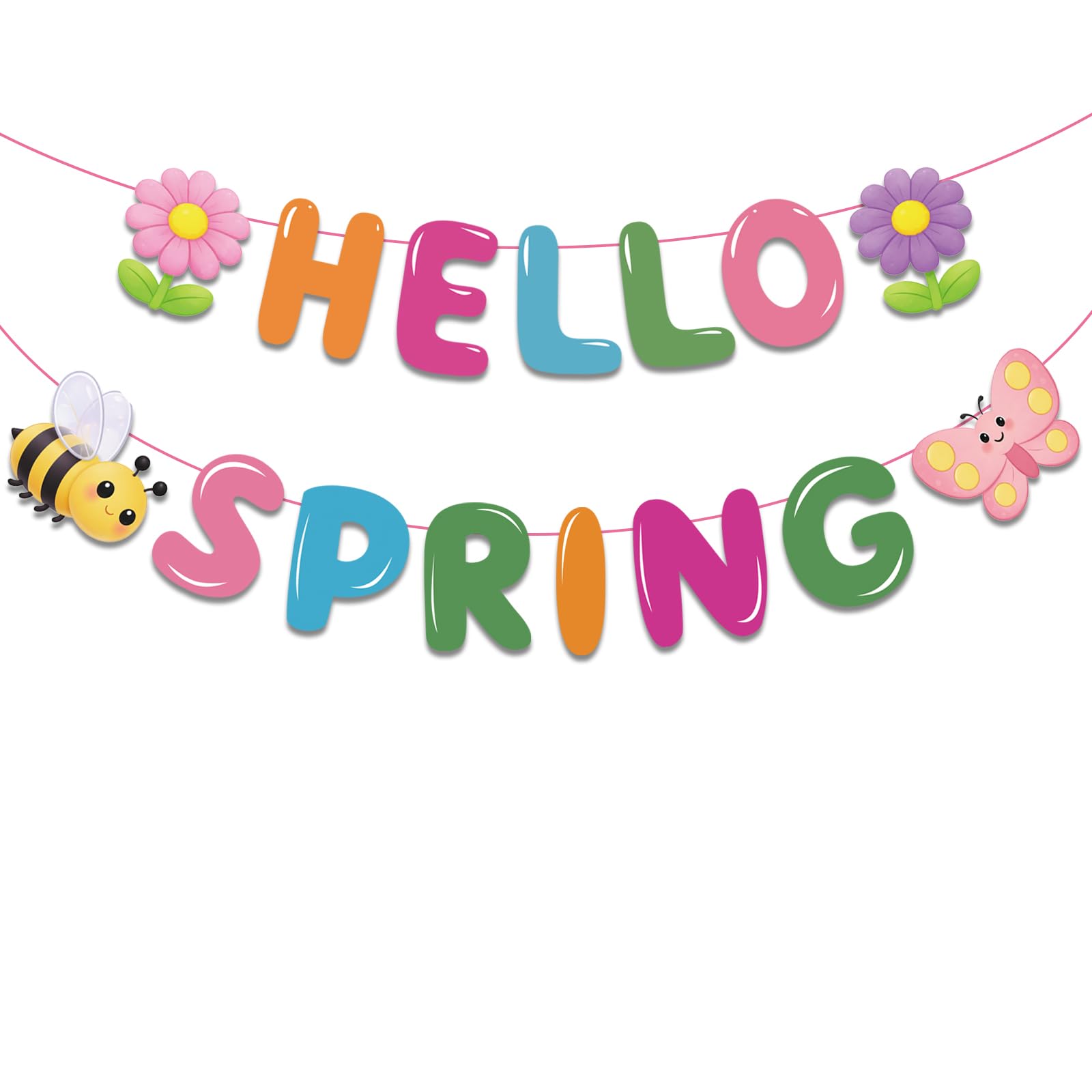 Hello Spring Banner,Colorful Spring Party Decorations with Bee, Butterfly & Flower for Spring Theme Party, Classroom,Office,Home Decor (No DIY Needed)