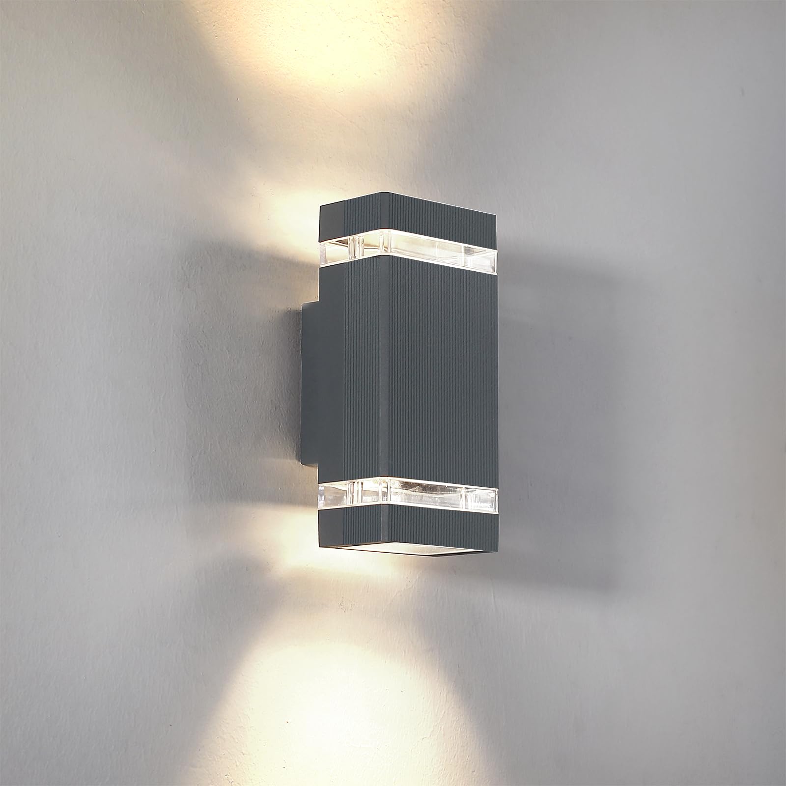HLFVLITE Outdoor Wall Lights Mains Powered, Up and Down Lights Outdoor, IP44 Waterproof Front Door Light, Die-Cast Aluminum Porch Light with GU10 Warm White LED Bulbs, Grey