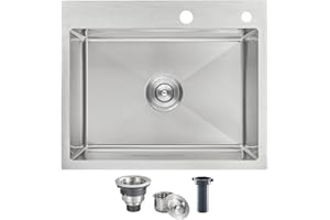 ROVOGO 22"x18"x9" Drop in Kitchen Sink Single Bowl, 304 Stainless Steel Modern Sink Handmade, Top Mount Sink 2-Hole with Drain Assembly, Brushed