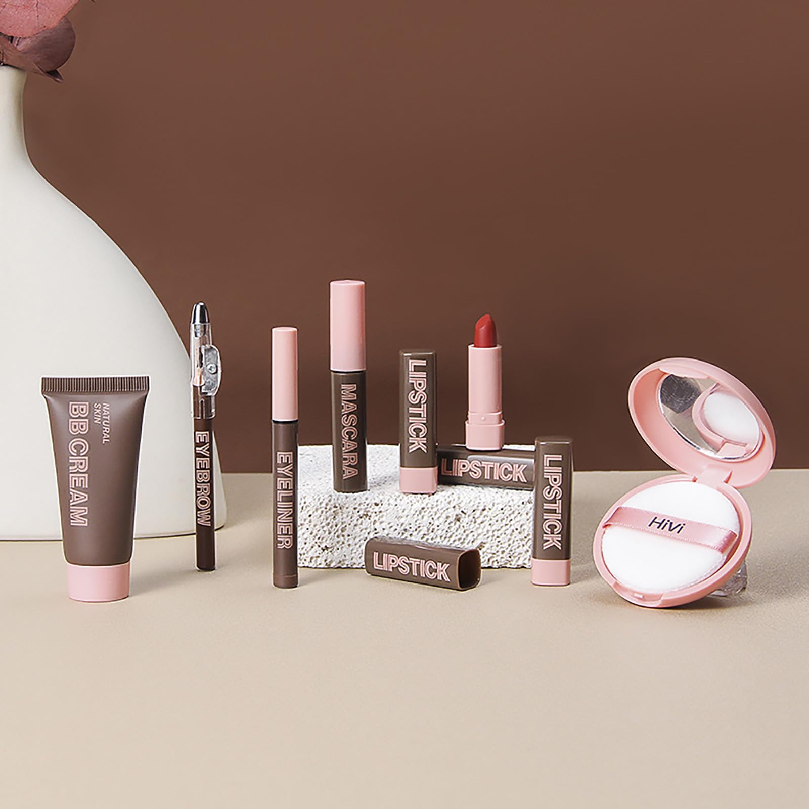 HiVi Makeup Set, Cosmetics Set, 9 Piece Set (1 x Foundation, 1 x Compact Powder, 1 x Eyeliner, 1 x Eyebrow Pen, 1 Mascara, Lipstick x 4), Full Beauty Makeup Set, Long Lasting, Makeup Set, Beginners,