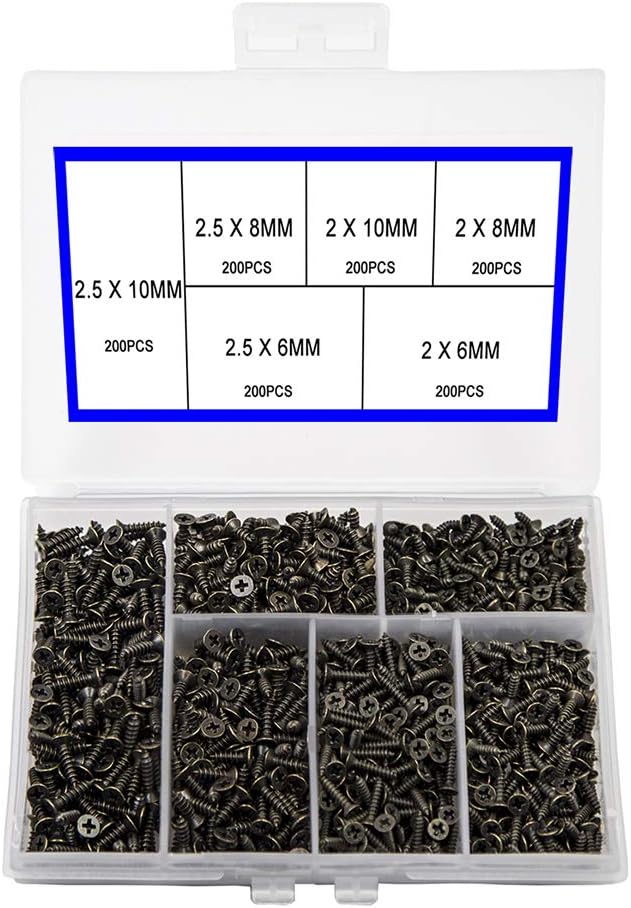 1200PCS M2 M2.5 Small Screws Flat Head Cross Wood Screws Self Tapping Screw Dssortment Cabinet Multifunctional DIY Micro Fasteners Screw Set Bronze