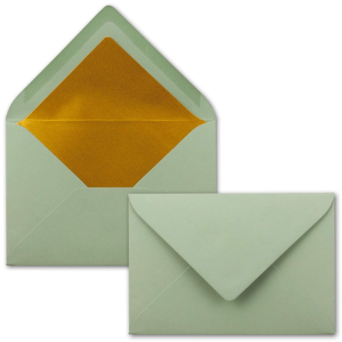 Envelopes in eucalyptus green - 50 pieces - letter envelopes DIN C6-114 x 162 mm - 11.4 x 16.2 cm - wet glue - matt surface & gold metallic lining - without window - for invitations