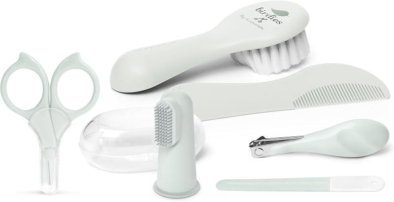 , Kit de Manicure para Bebé, +0M, Kit de Cuidados com Escova, Pente, Escova de Dentes, Tesoura, Lima e Corta-unhas. Bolsa de Higiene Impermeável com Fecho, Azul Suave