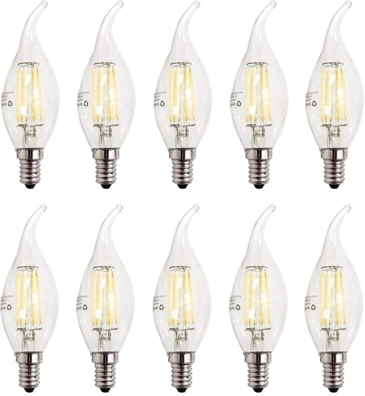 ZFQ E14 Dimmable LED Candle Light Bulbs, 6W 60W Equivalent Cool White 6500K, 600LM, C35 Bent Tip Flame Shape, Small Edison Screw, Vintage Led Chandelier Candelabra Light Bulbs, 10 Packs — image 1