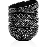 Sureasy Ceramic Ice Cream Bowls, 12oz Embossed Dessert Bowls Set, 4.6 Inch Stoneware Small Bowls for Snack, Sauce, Fruits, Microwave and Dishwasher Safe, Set of 4, Black