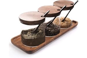 Hovico Condiment Container Seasoning Box Set, with Wooden Spoon Lid and Base, Salt Sugar Spice Pepper Condiment Container Jar Set of 3