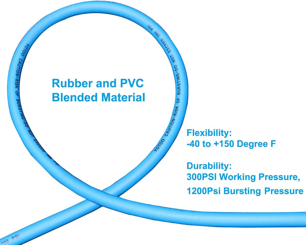 YOTOO Hybrid Lead-in Air Hose 3/8-Inch by 10-Feet 300 PSI Heavy Duty, Lightweight, Kink Resistant, All-Weather Flexibility with 1/4-Inch Brass Male Fittings, Bend Restrictors, Blue - - 