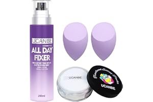 UCANBEMAKEUP UCANBEMAKUP Long Lasting Makeup Setting Spray Kit- 6.76 Fl oz Hydrating Matte Finish Mist Lightweight Face Make up Fixer +Translucent Loose Setting Powder+2PC Sponge Puff Set