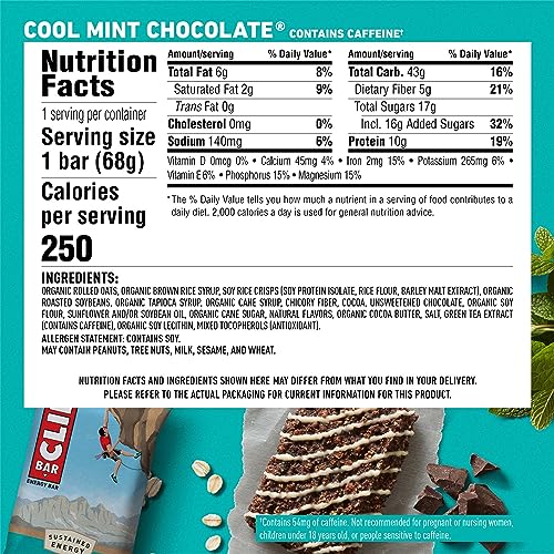 CLIF BAR – COOL MINT CHOCOLATE WITH CAFFEINE – MADE WITH ORGANIC OATS – ENERGY BARS – NON-GMO – PLANT BASED PROTEIN BARS (10 PACK)